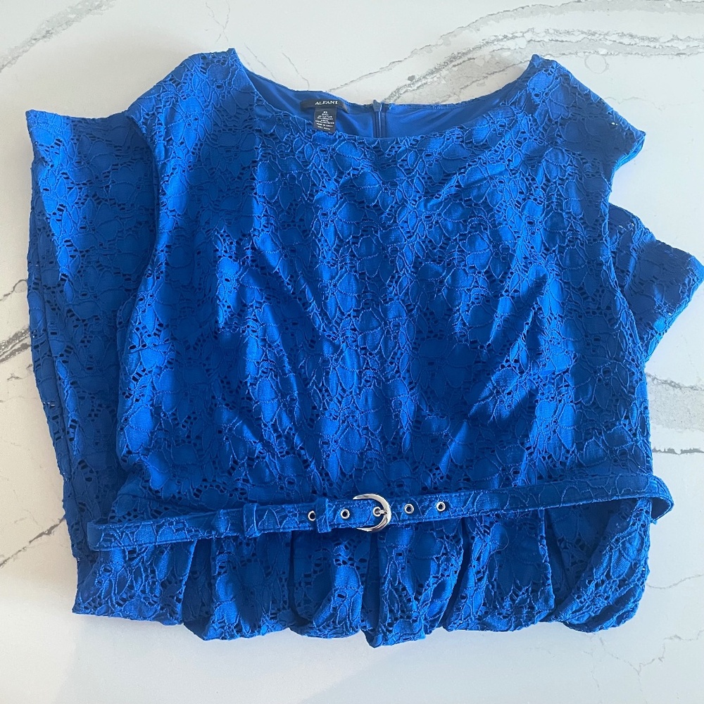 Alfani Floral Lace Eyelet Belted Dress cobalt blue size XL zipper formal NWOT